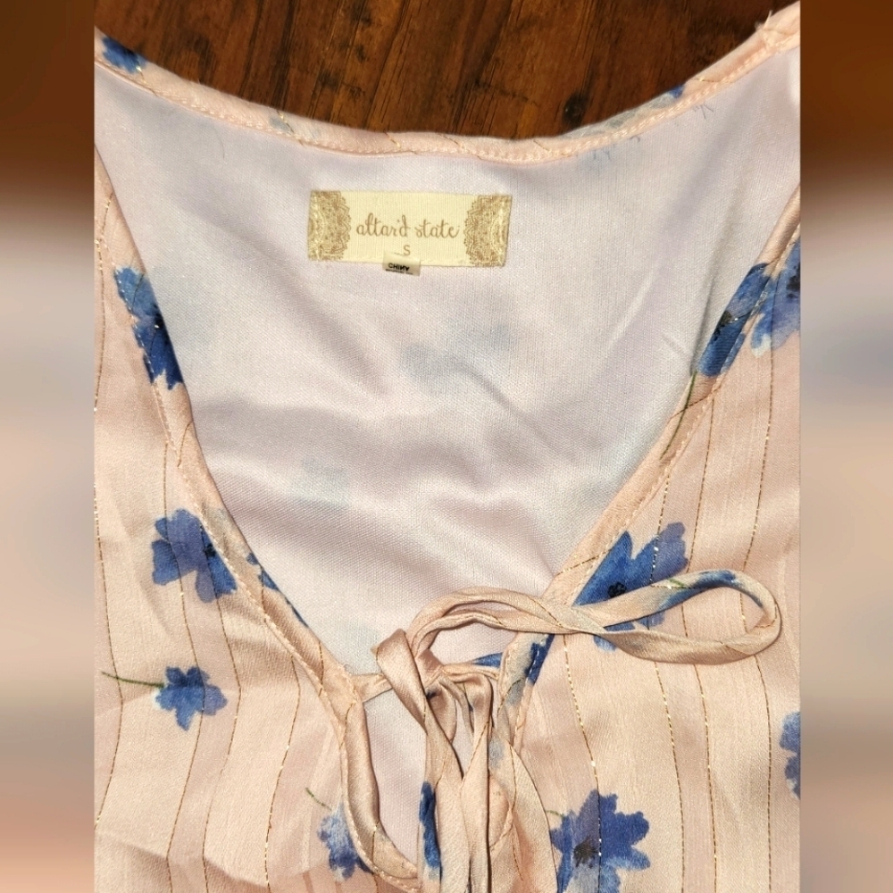 Altar'd State Small Light Pink Blue Floral Mini Dress with Gold Detail - Picture 9 of 12